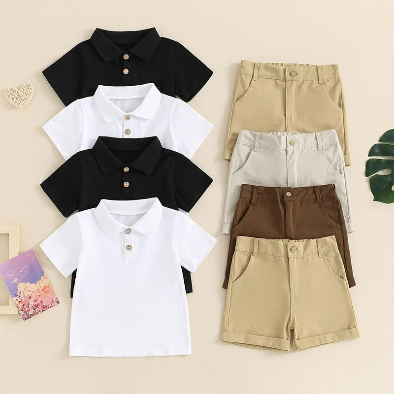 Boys Shorts Sets Short Sleeve Button Up Shirt Tops and Solid Color Shorts ( Pack of 4 )