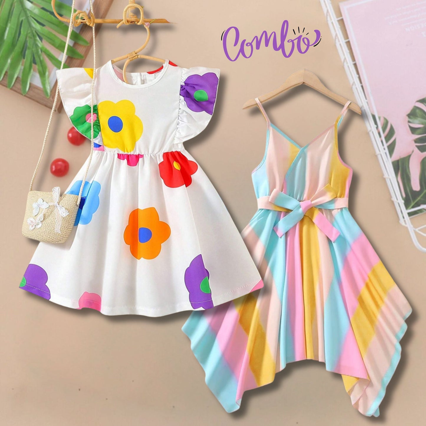 Baby Hanky Hem Belted & Round Neck Ruffle Floral Dress (Combo Pack Of 2) For Girl's.