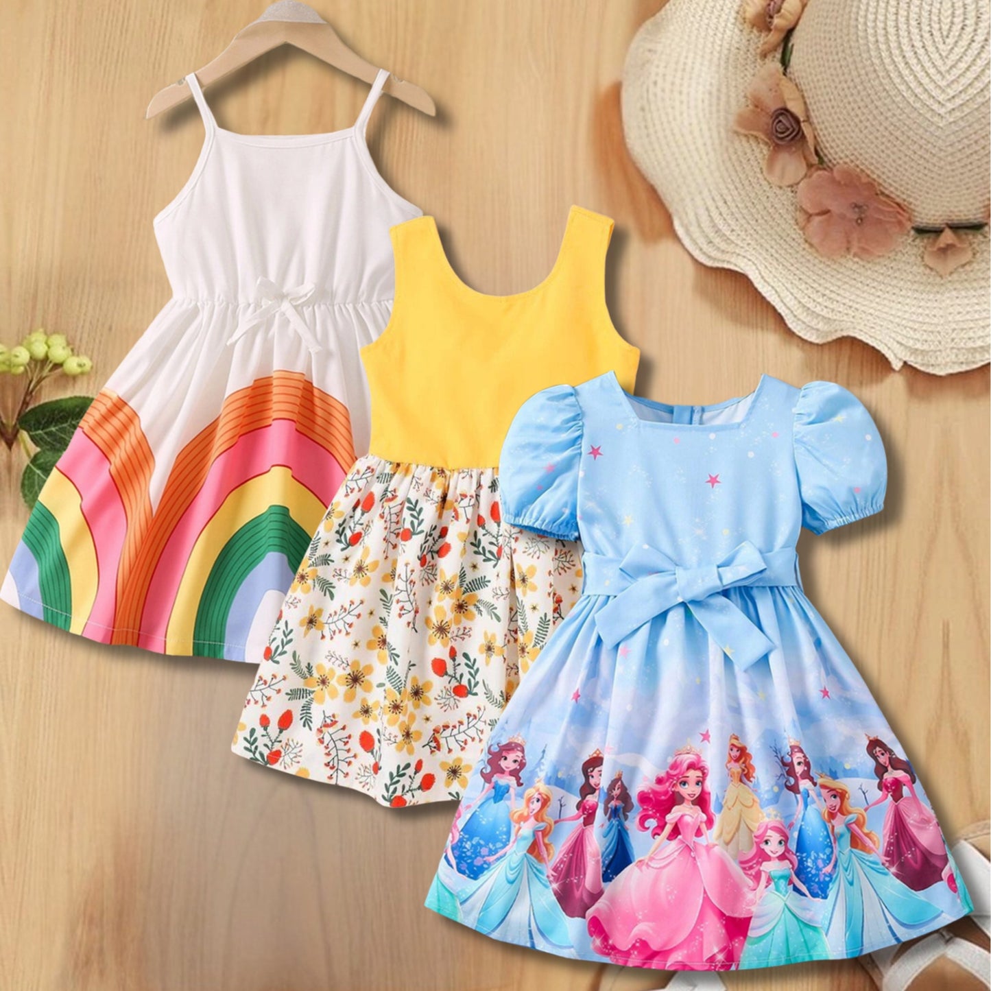 Baby Girl's Floral & Rainbow & Princess Dresses_Frocks (Combo Pack 3) for Kids.