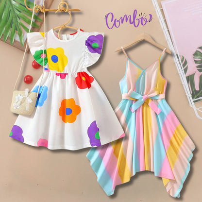 Baby Hanky Hem Belted & Round Neck Ruffle Floral  Dress (Combo Pack Of 2) For Girl's.